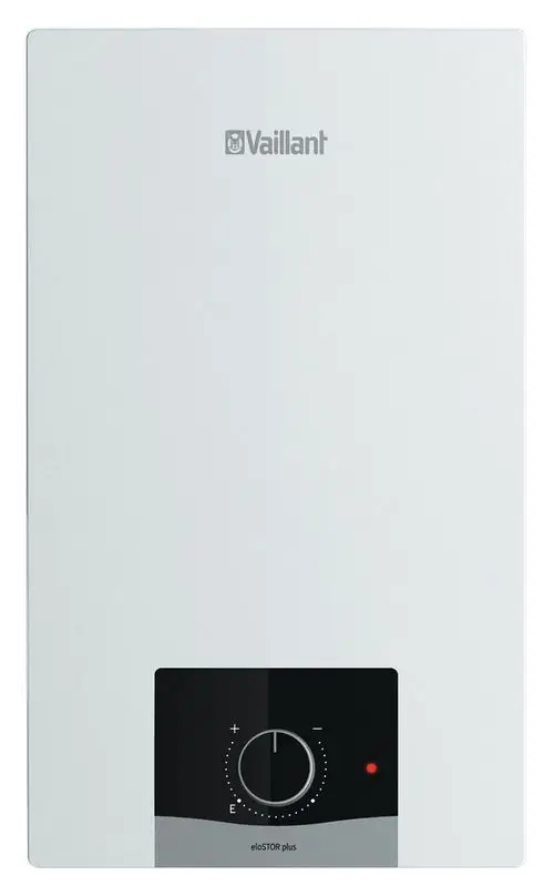 Vaillant Elektro-Speicher in Weiß mit einem runden Regelknopf und einer roten Anzeigeleuchte. Das Gerät ist für die Wandmontage konzipiert.
